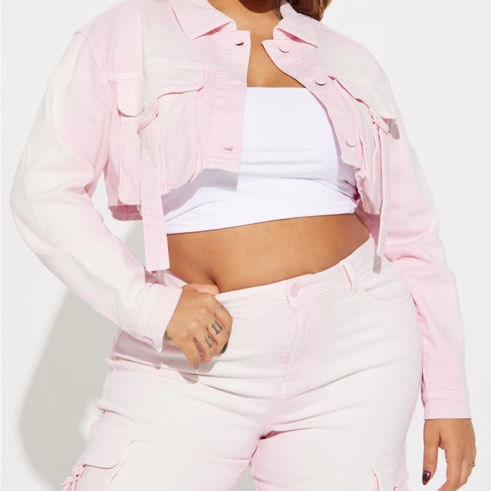 Stylish Pink Cropped Jean Jacket and Cargo Pants 2 Piece Set